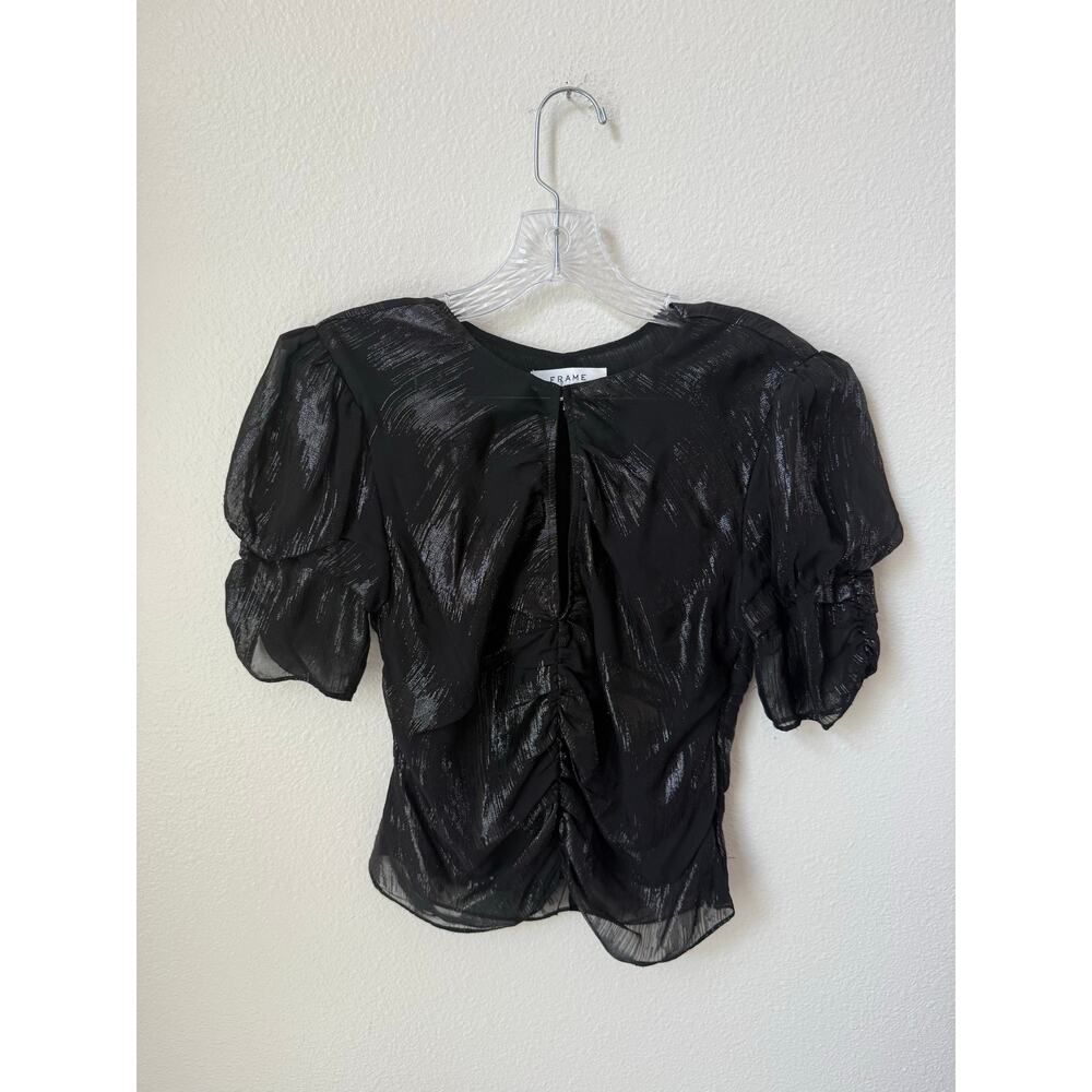 Frame Ruched Sleeve Keyhole Top Nior Black Size Small - Picture 3 of 8